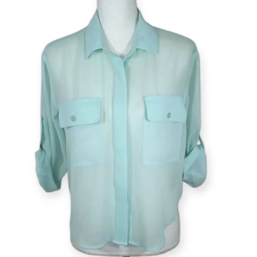 LMK CROP SHEER MINT COLLARD BLOUSE SZ.S EUC